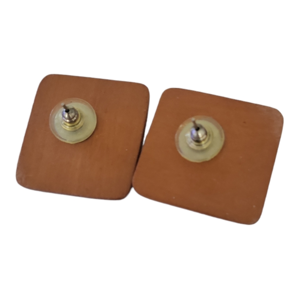 Vintage 80's Wooden 3-D Statement Post Earrings/ Lightweight - Picture 3 of 4